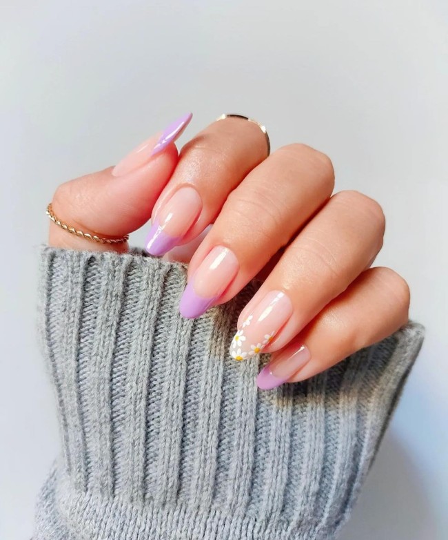 50 Spring Nail Designs 2022 —Floral & Lilac French Tip Nails