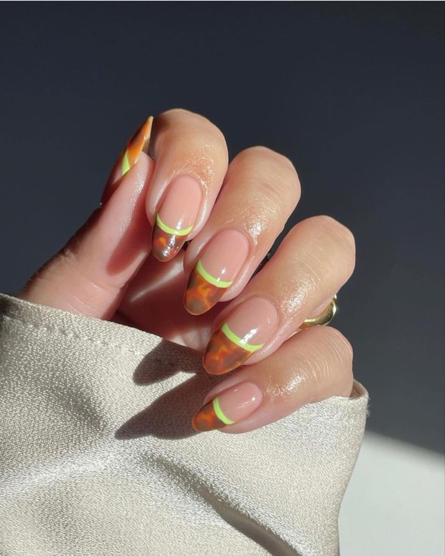 50 Spring Nail Designs 2022 — Tortoiseshell Neon French Tip Nails