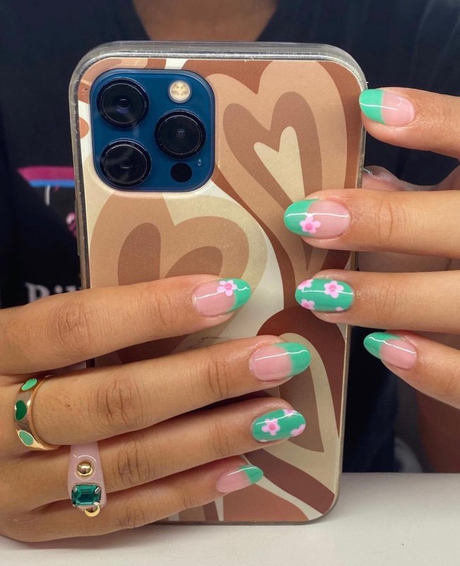 50 Spring Nail Designs 2022 — Pink Floral Green French Tip Nails