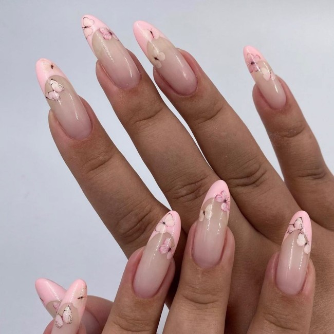 pink french tip with butterfly nails, pink french tip nails, spring nails 2022