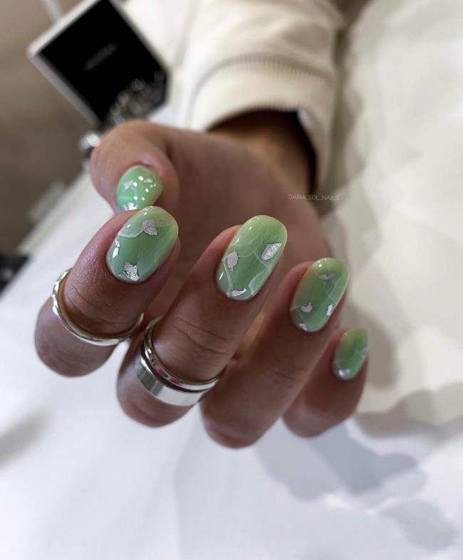 45 Ways to Wear Spring Nail Designs in 2022 — Silver Flake Marble Green Nails