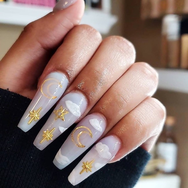 40 Fluffy Cloud Nails 2022 — Gold Star & White Cloud Acrylic Nail Design