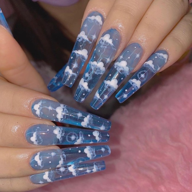 40 Fluffy Cloud Nails 2022 — Blue Jelly Cloud Long Nails Acrylic