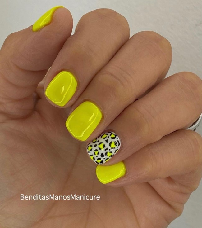 30 Yellow Nail Designs To Spice Up Your Day — Leopard Bright Yellow Nail Design