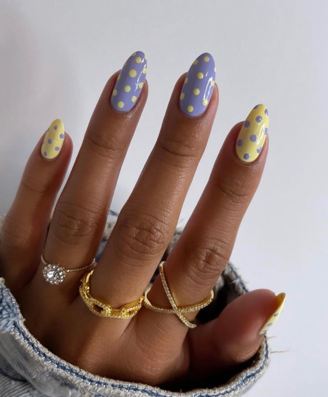 30 Yellow Nail Designs To Spice Up Your Day — Polka Dot Lavender & Yellow