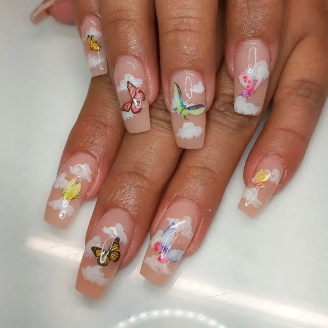 40 Fluffy Cloud Nails 2022 — Colorful Butterfly Nude Cloud Nail