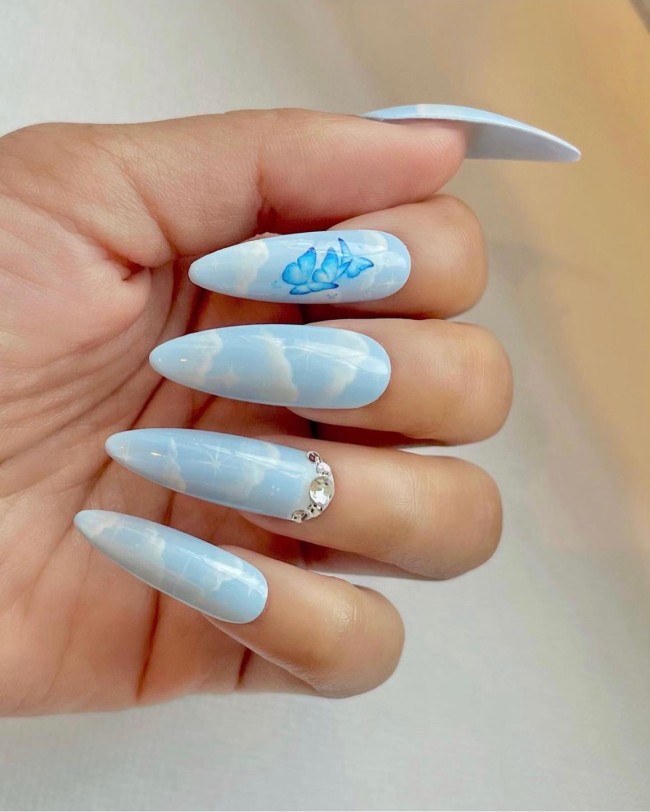 40 Fluffy Cloud Nails 2022 — Baby Blue Cloud & Blue Butterfly Nail Design