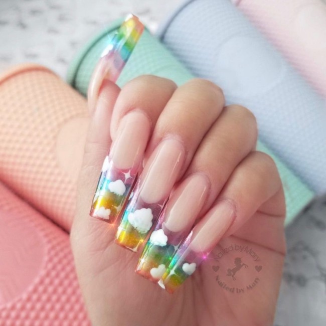 40 Fluffy Cloud Nails 2022 — Jelly Rainbow Cloud Tip Nail Design