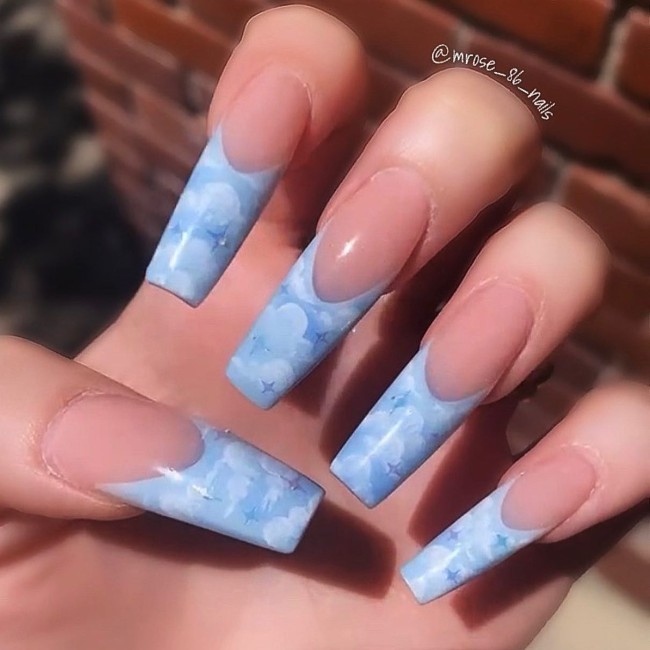 40 Fluffy Cloud Nails 2022 — Blue Cloud French Tip Nail Design