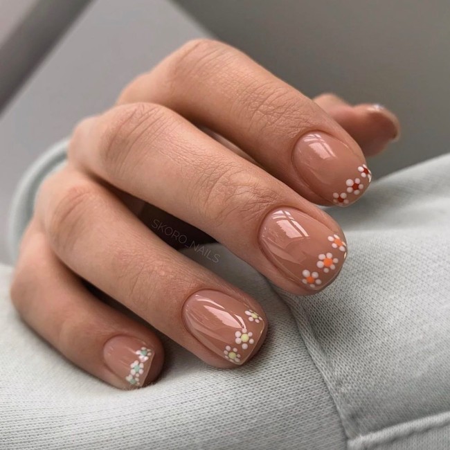 50 Spring Nail Designs 2022 — Floral French Tip Nude Nails