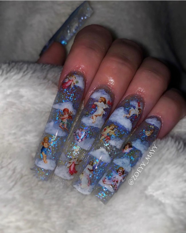 40 Fluffy Cloud Nails 2022 — Shimmery Jelly Blue Angel & Cloud Nails