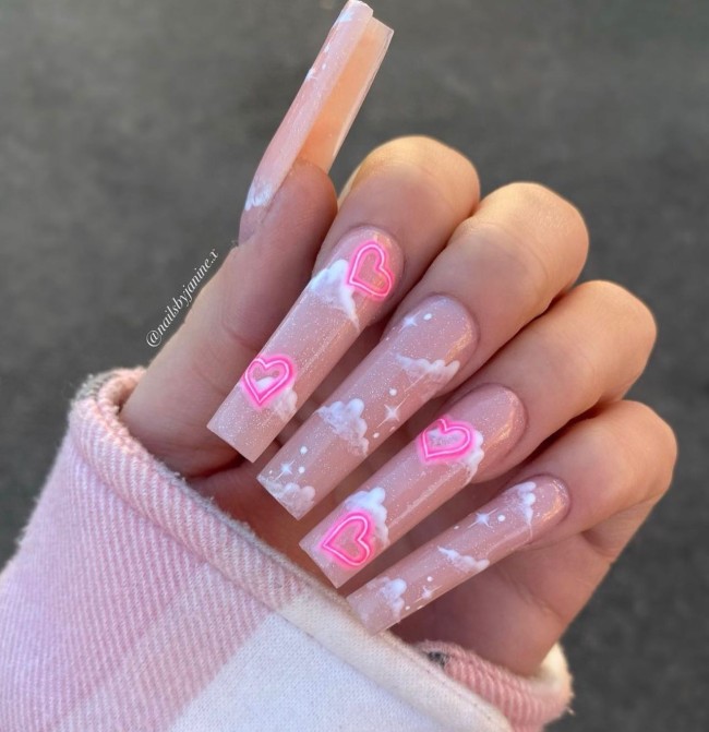 40 Fluffy Cloud Nails 2022 — Pink Neon Heart & Nude Cloud Nail Design