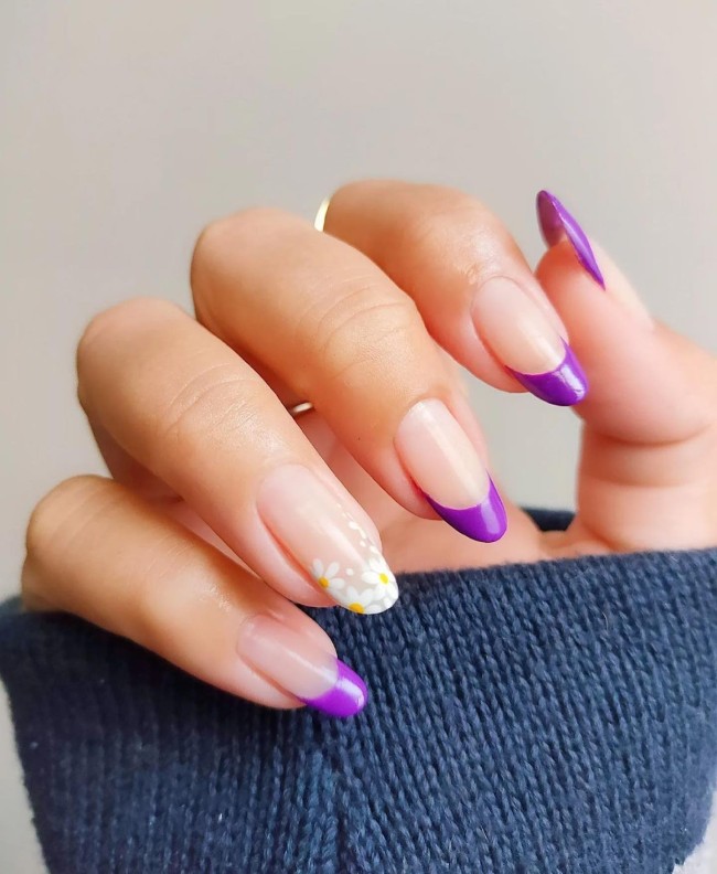 50 Cute & Flirty French Manicure Designs 2022 — Daisy & Purple French Tips