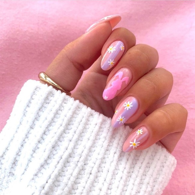 40 Pretty Easter Nails 2022 — Pink Bunny & Floral Nails