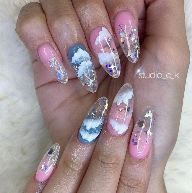 40 Fluffy Cloud Nails 2022 — Clear Tip, Blue and Pink Cloud Nail Design