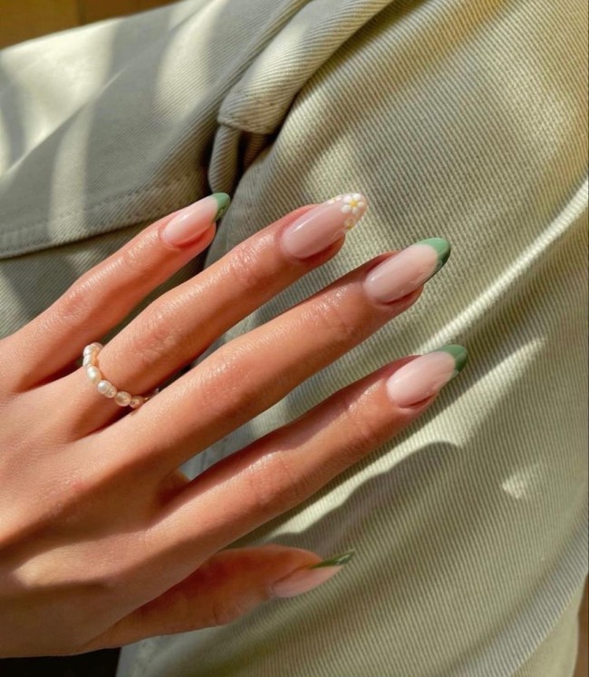 40 The Prettiest Floral Nail Art Designs — Green & Floral French Tip Nails