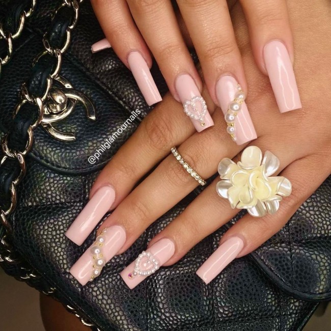 30 The Prettiest & Girly Nail Art Ideas — Pearl Heart Pink Nails