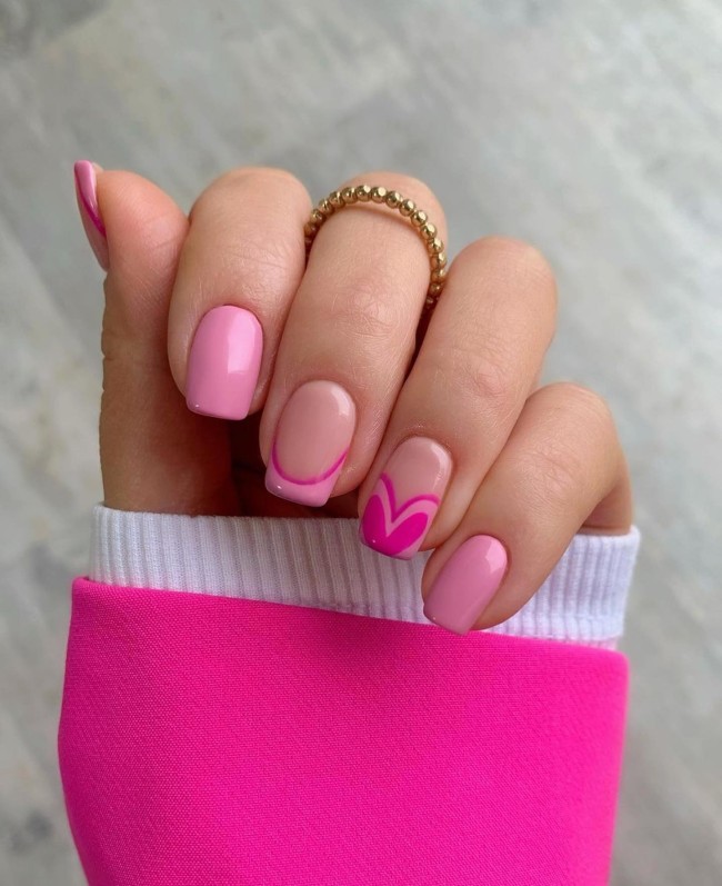 30 The Prettiest & Girly Nail Art Ideas — Heart Tip Pink Short Nails