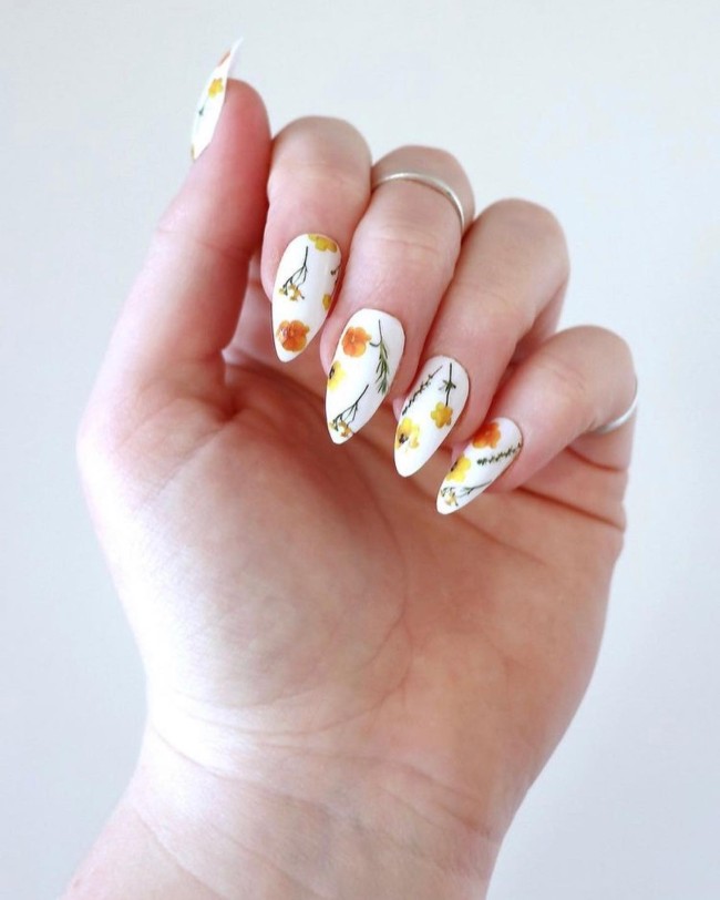 40 The Prettiest Floral Nail Art Designs — Orange & Yellow Floral White Nails