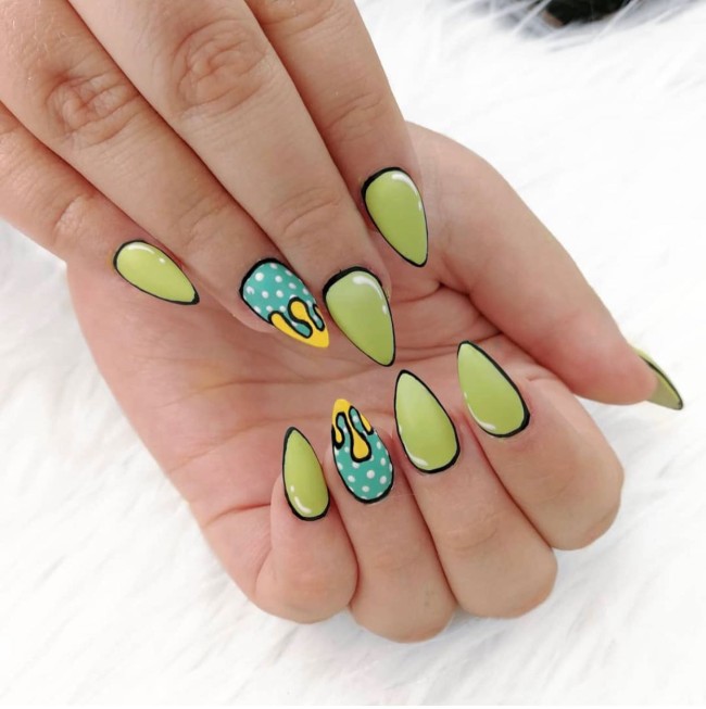 70 Pop Art Nails For A Fun Look — Neon Green Pop Art Nails