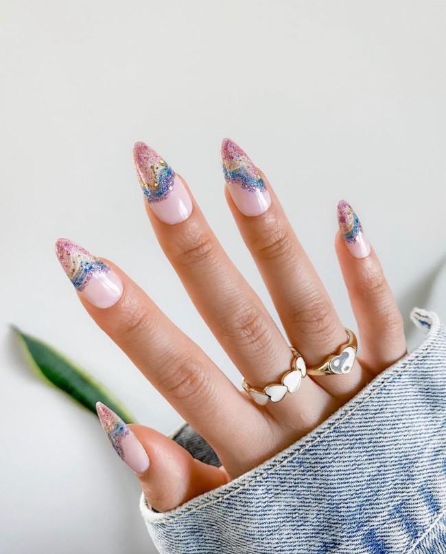 rainbow glitter tip nails, modern french tip nails, girly nails, nail designs 2022, cute nails 2022