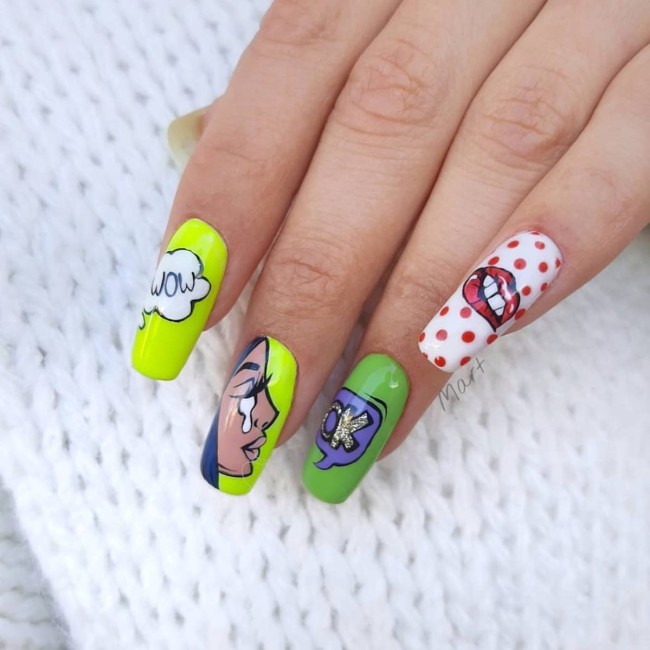 70 Pop Art Nails For A Fun Look — Neon Green Pop Art Nails