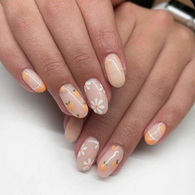 40 The Prettiest Floral Nail Art Designs — Floral and Peach Modern Nail Design