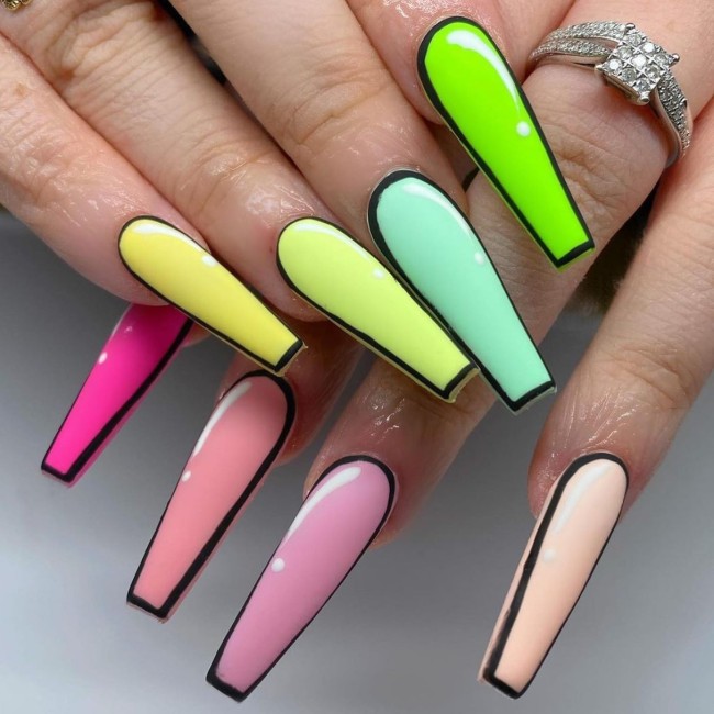 70 Pop Art Nails For A Fun Look — Multi-Colored Pop Art Nails Coffin