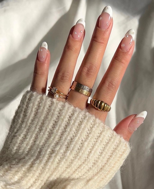 30 The Prettiest & Girly Nail Art Ideas — White French Nails with Pearls