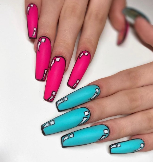 70 Pop Art Nails For A Fun Look — Bright Pink & Turquoise Pop Art Nails