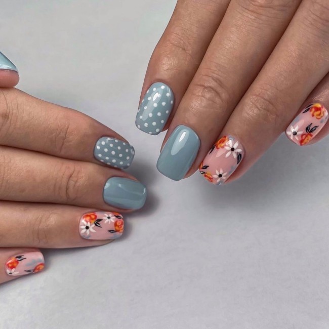 40 The Prettiest Floral Nail Art Designs — Blue Grey, Polka Dot & Floral Nails