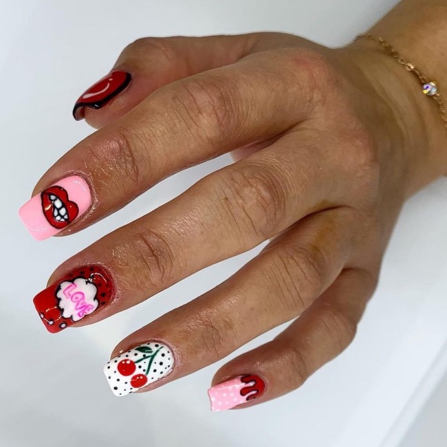 70 Pop Art Nails For A Fun Look — Cherry, Kiss & Love