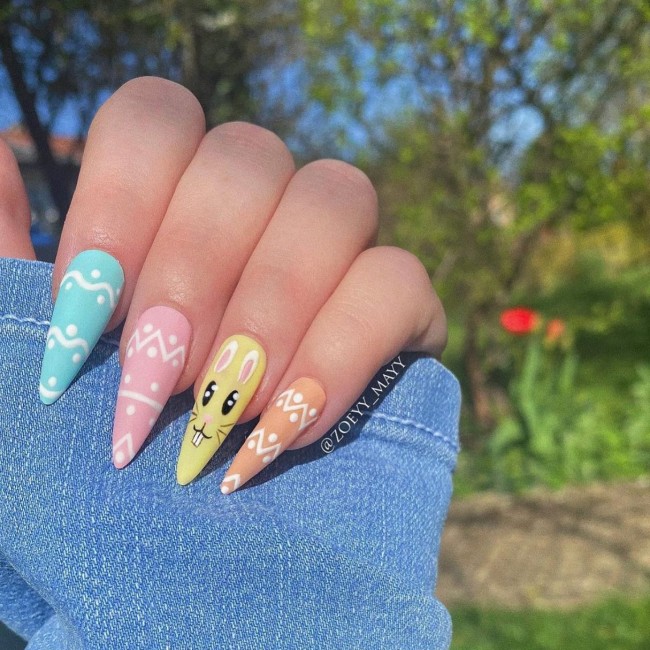 40 Pretty Easter Nails 2022 — Pastel Bunny Stiletto Easter Nails