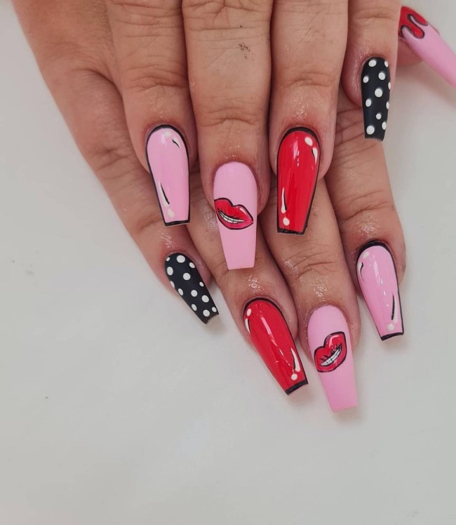 70 Pop Art Nails For A Fun Look — Black, Pink & Red Pop Art Nails