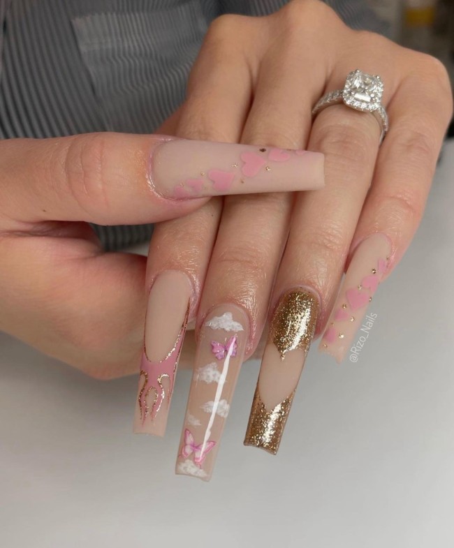 glitter heart nails, cloud nude nails, acrylic coffin nails