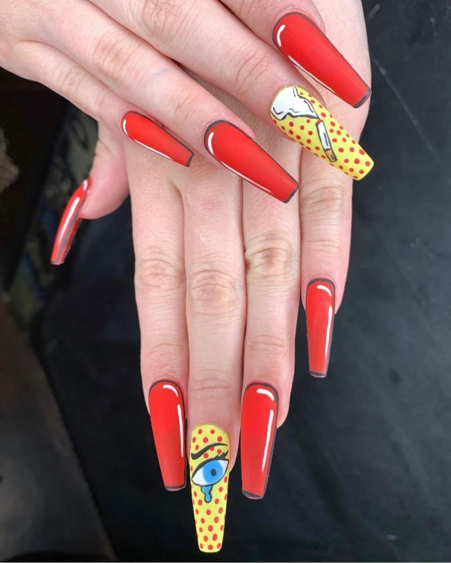 70 Pop Art Nails For A Fun Look — Acrylic Red & Yellow Nails