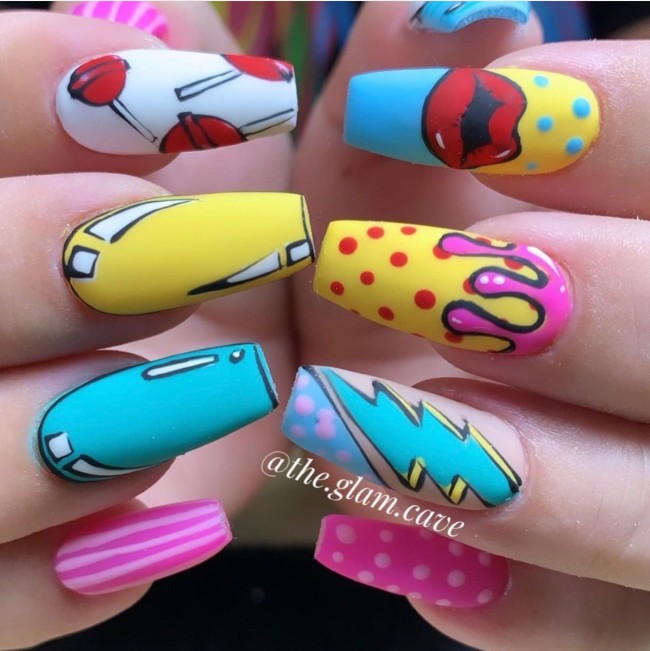 70 Pop Art Nails For A Fun Look — Blue, Pink & Yellow Acrylic Nails