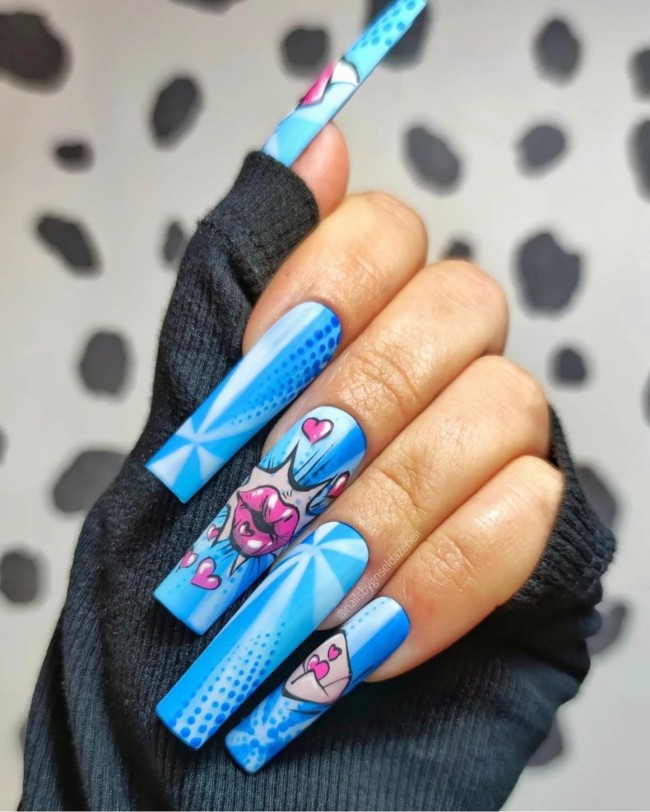 70 Pop Art Nails For A Fun Look — Blue Pop Art Nails