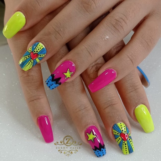 70 Pop Art Nails For A Fun Look — Neon Green Pop Art Nail Design