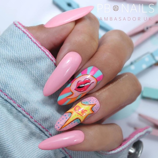 pink nail art designs, pop art nails, pop art nail designs, pop art nail designs 2022, cartoon acrylic nails,  summer nail art designs, summer nails 2022, colorful nails, fun nails, cartoon nails, comic book nails, simple cartoon nail art