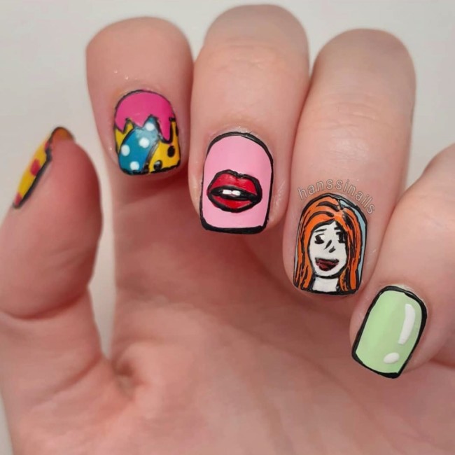 cartoon pop art nails, pop art nails, pop art nail designs, pop art short nails