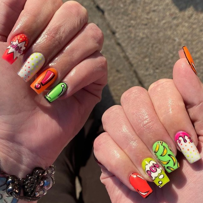 mix n match pop art nails, pop art nail designs, pop art nail designs 2022, cartoon nails, comic book nails, simple cartoon nail art, cartoon acrylic nails,  summer nail art designs, summer nails 2022, colorful nails, fun nails