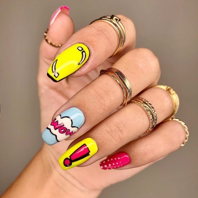 pop art nails, pop art nail designs, pop art nail designs 2022, cartoon nails, comic book nails, simple cartoon nail art, cartoon acrylic nails,  summer nail art designs, summer nails 2022, colorful nails, fun nails