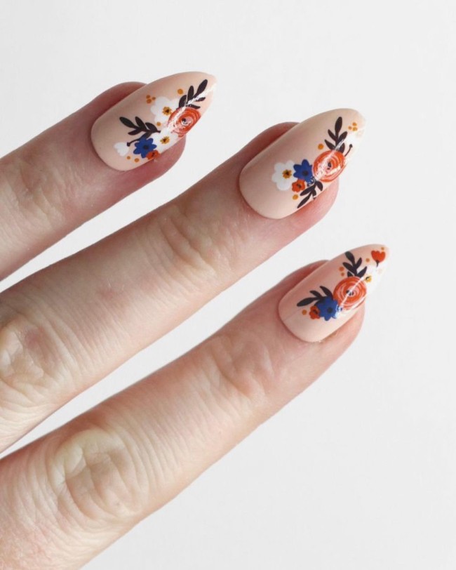 40 The Prettiest Floral Nail Art Designs — Blue & Orange Floral Nails