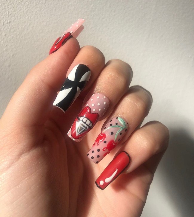 70 Pop Art Nails For A Fun Look — Diamond & Dripped Cherry Pop Art Nails