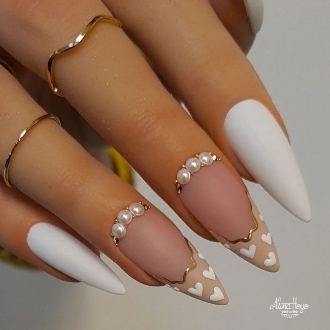 30 The Prettiest & Girly Nail Art Ideas — White & Heart Tips Nude Nails with Pearls