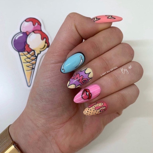 70 Pop Art Nails For A Fun Look — Blue, Pink & Purple Pop Art Nails