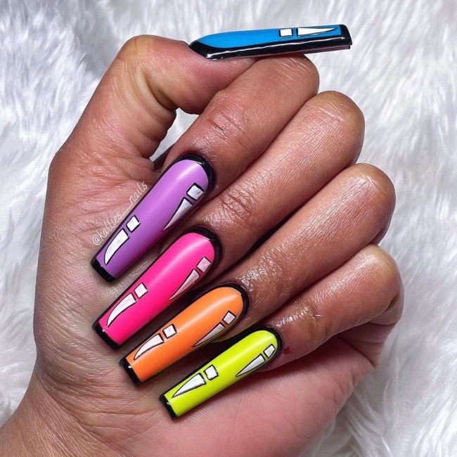 70 Pop Art Nails For A Fun Look — Acrylic Coffin-Shaped Pop Art Nails