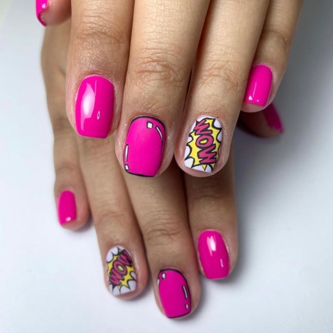 70 Pop Art Nails For A Fun Look — Deep Pink Pop Art Nails