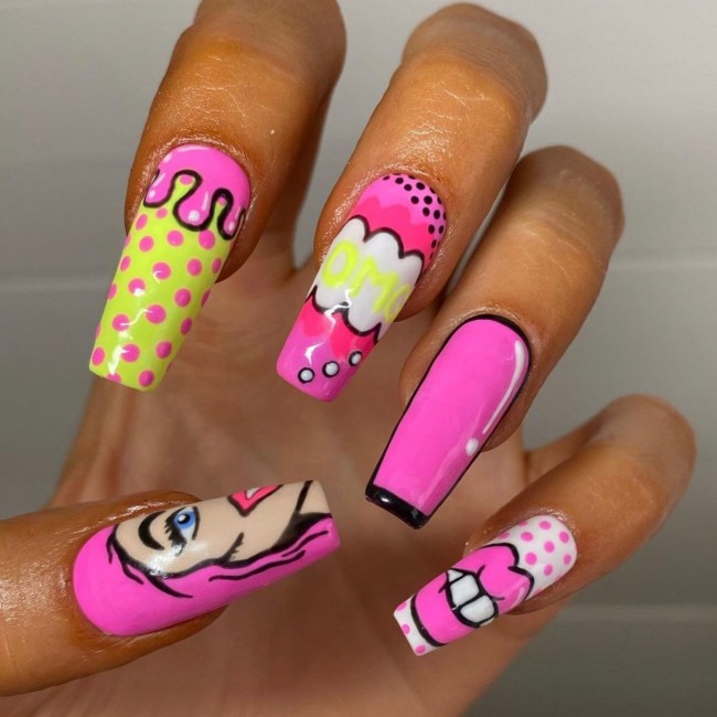 pop art nails, pop art nail designs, pop art nail designs 2022, cartoon nails, comic book nails, simple cartoon nail art, cartoon acrylic nails,  summer nail art designs, summer nails 2022, colorful nails, fun nails